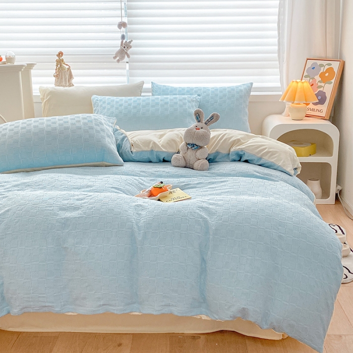 91家纺网 家纺一手货源 找家纺 琪格格2022新款水洗棉华夫格四件套 天空蓝