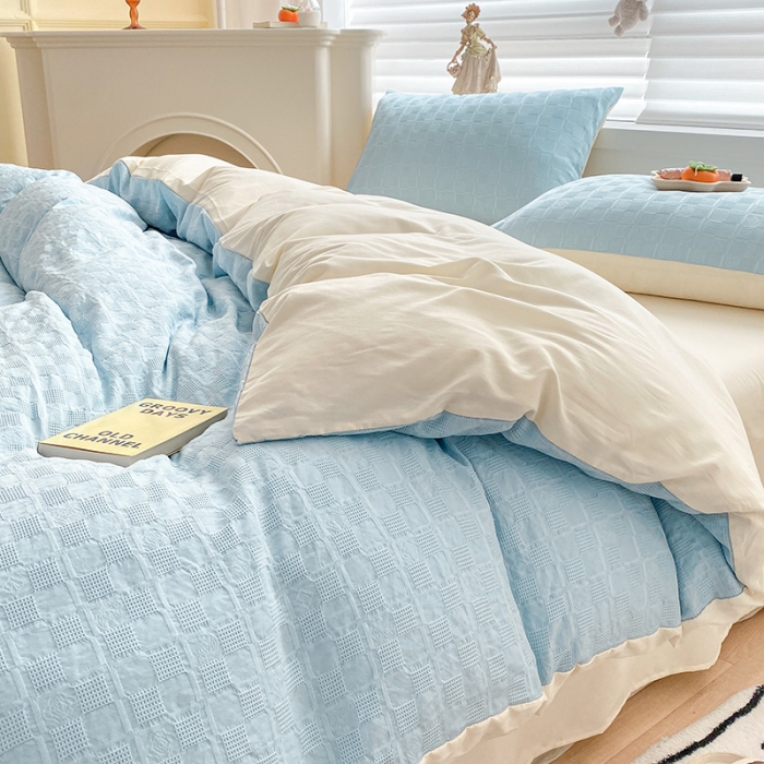 91家纺网 家纺一手货源 找家纺 琪格格2022新款水洗棉华夫格四件套 天空蓝