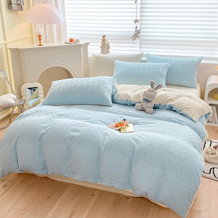 91家纺网 家纺一手货源 找家纺 琪格格2022新款水洗棉华夫格四件套 天空蓝