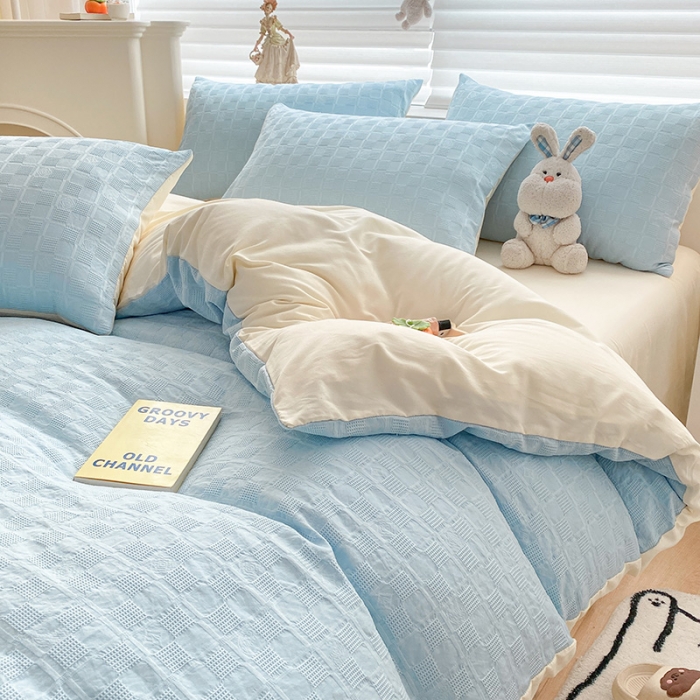 91家纺网 家纺一手货源 找家纺 琪格格2022新款水洗棉华夫格四件套 天空蓝