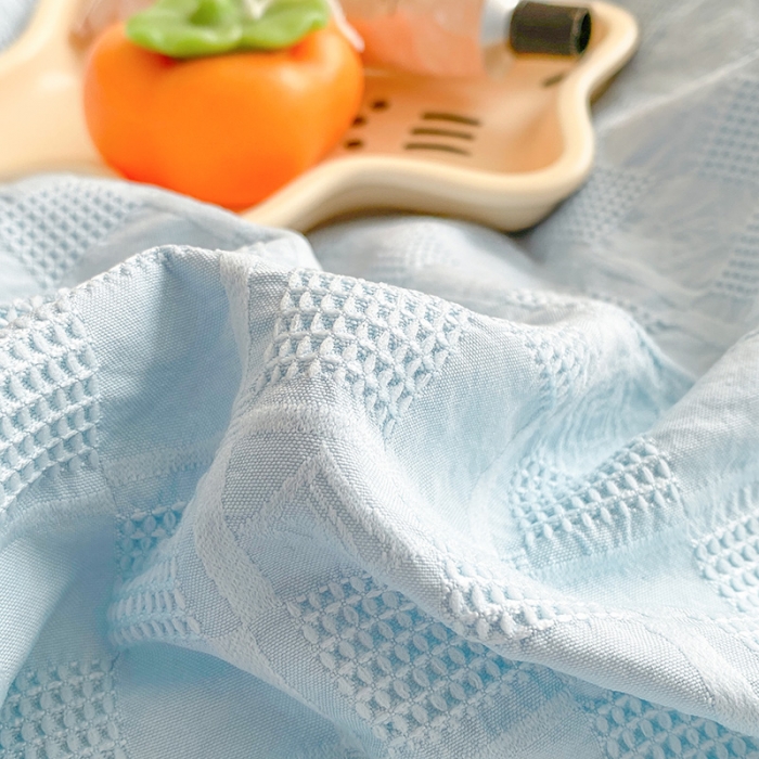 91家纺网 家纺一手货源 找家纺 琪格格2022新款水洗棉华夫格四件套 天空蓝