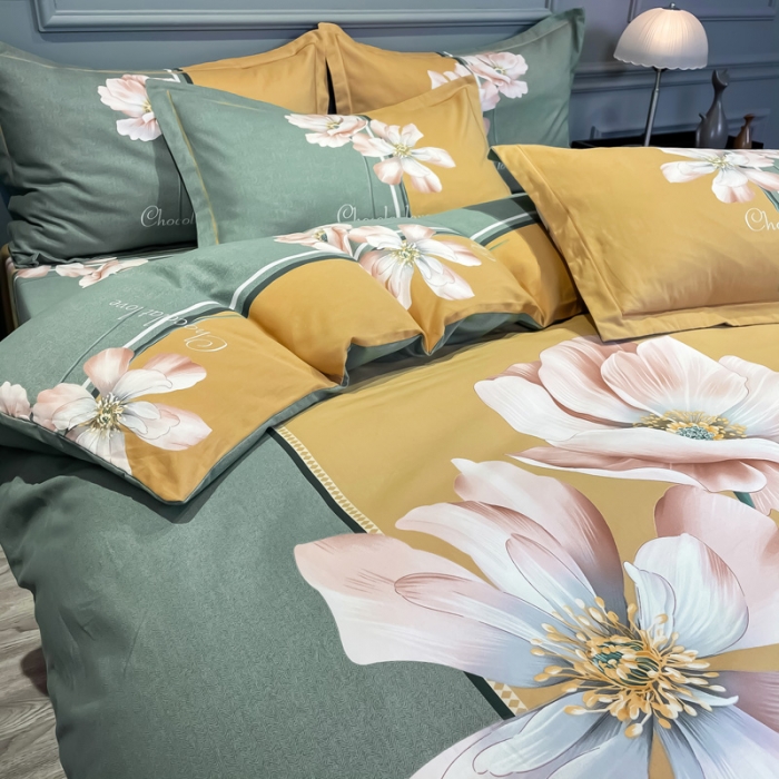 91家纺网 家纺一手货源 找家纺 金爱家2023新款大版磨毛四件套花卉系列 玉芙蓉绿