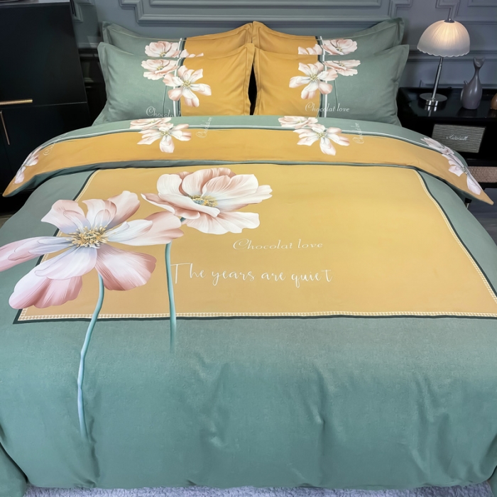 91家纺网 家纺一手货源 找家纺 金爱家2023新款大版磨毛四件套花卉系列 玉芙蓉绿