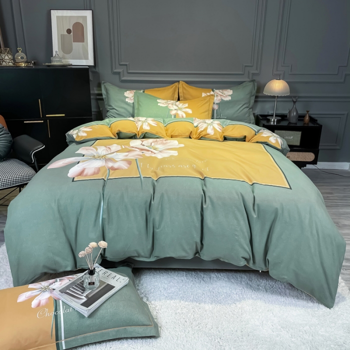 91家纺网 家纺一手货源 找家纺 金爱家2023新款大版磨毛四件套花卉系列 玉芙蓉绿