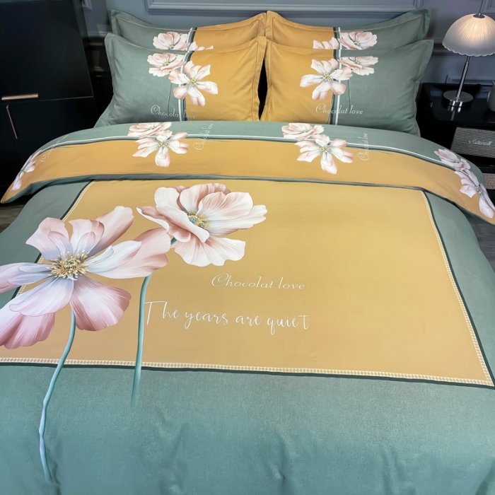 91家纺网 家纺一手货源 找家纺 金爱家2023新款大版磨毛四件套花卉系列 玉芙蓉绿