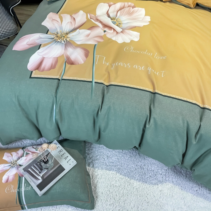 91家纺网 家纺一手货源 找家纺 金爱家2023新款大版磨毛四件套花卉系列 玉芙蓉绿