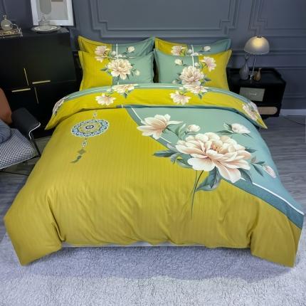 91家纺网 家纺一手货源 找家纺 金爱家2023新款大版磨毛四件套花卉系列醉芬芳-黄