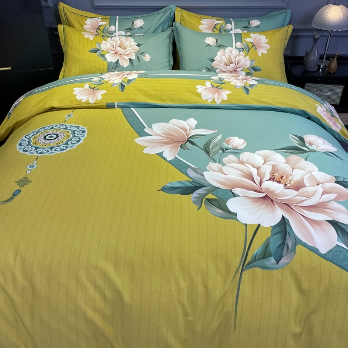 91家纺网 家纺一手货源 找家纺 金爱家2023新款大版磨毛四件套花卉系列醉芬芳-黄