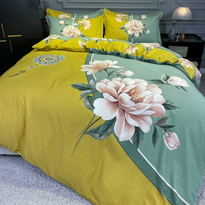 91家纺网 家纺一手货源 找家纺 金爱家2023新款大版磨毛四件套花卉系列醉芬芳-黄
