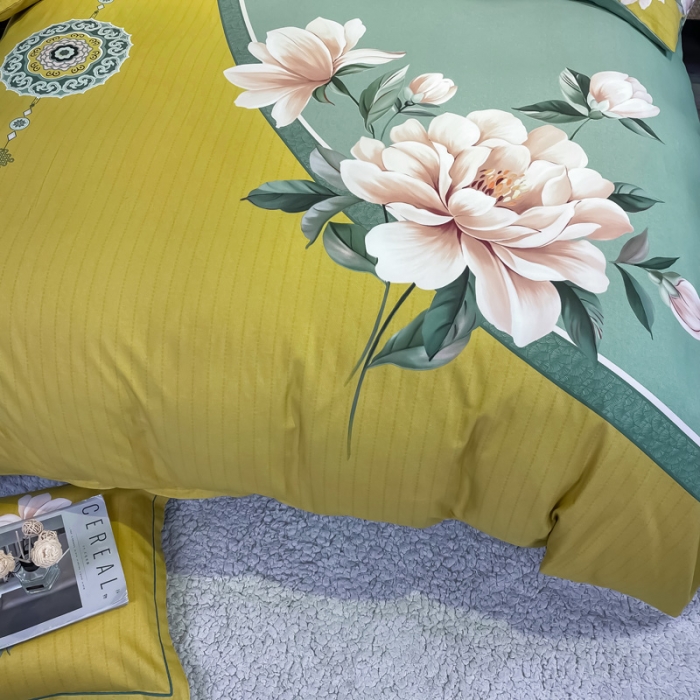 91家纺网 家纺一手货源 找家纺 金爱家2023新款大版磨毛四件套花卉系列醉芬芳-黄