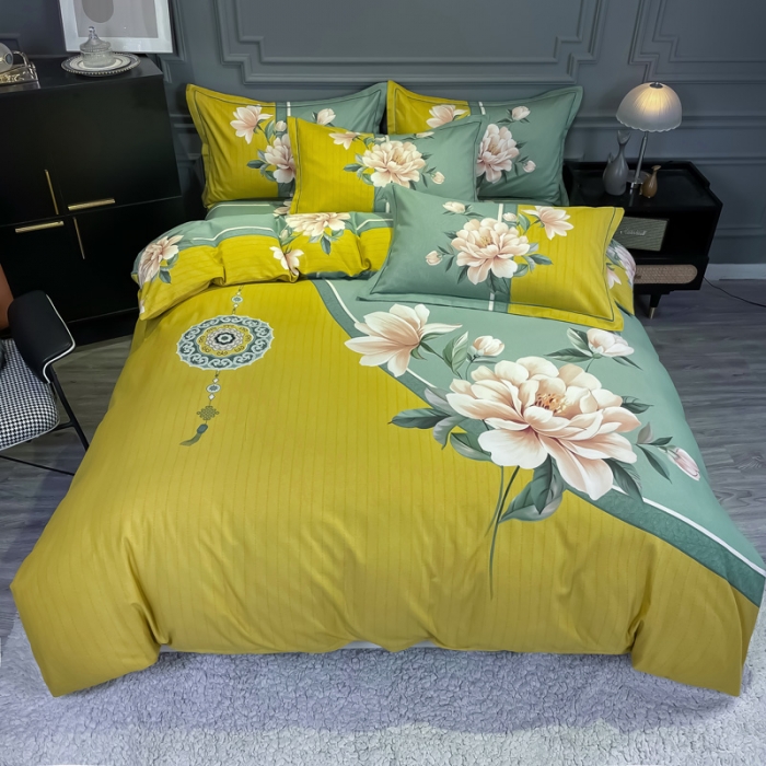 91家纺网 家纺一手货源 找家纺 金爱家2023新款大版磨毛四件套花卉系列醉芬芳-黄