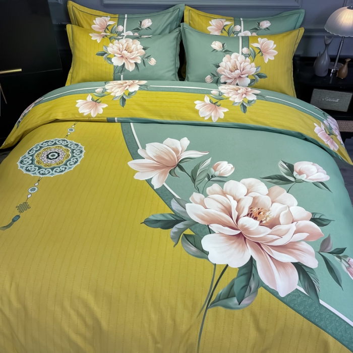 91家纺网 家纺一手货源 找家纺 金爱家2023新款大版磨毛四件套花卉系列醉芬芳-黄