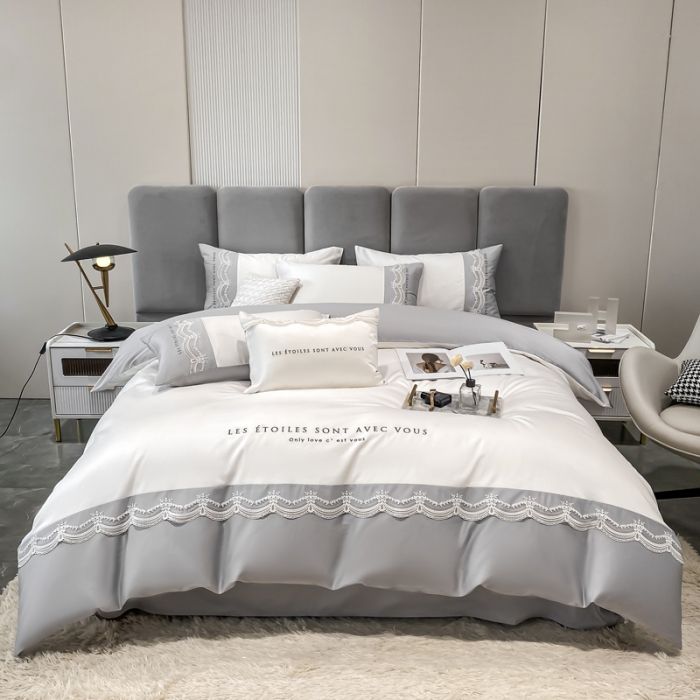 91家纺网 家纺一手货源 找家纺 安妮 2022新款全棉刺绣蕾丝四件套 艾琳-浅灰