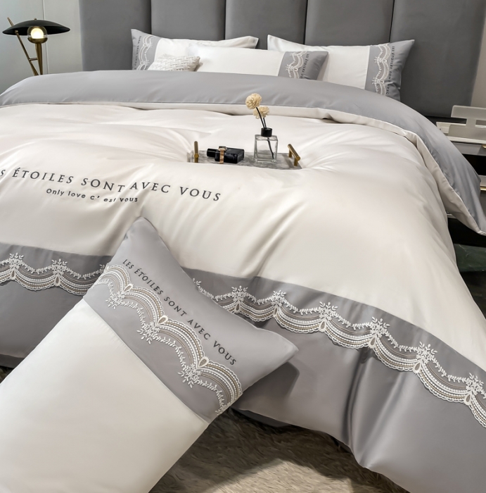 91家纺网 家纺一手货源 找家纺 安妮 2022新款全棉刺绣蕾丝四件套 艾琳-浅灰