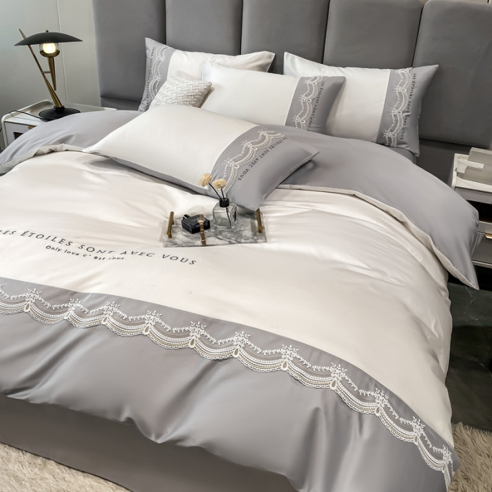 91家纺网 家纺一手货源 找家纺 安妮 2022新款全棉刺绣蕾丝四件套 艾琳-浅灰