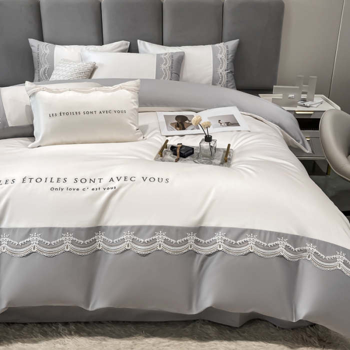 91家纺网 家纺一手货源 找家纺 安妮 2022新款全棉刺绣蕾丝四件套 艾琳-浅灰