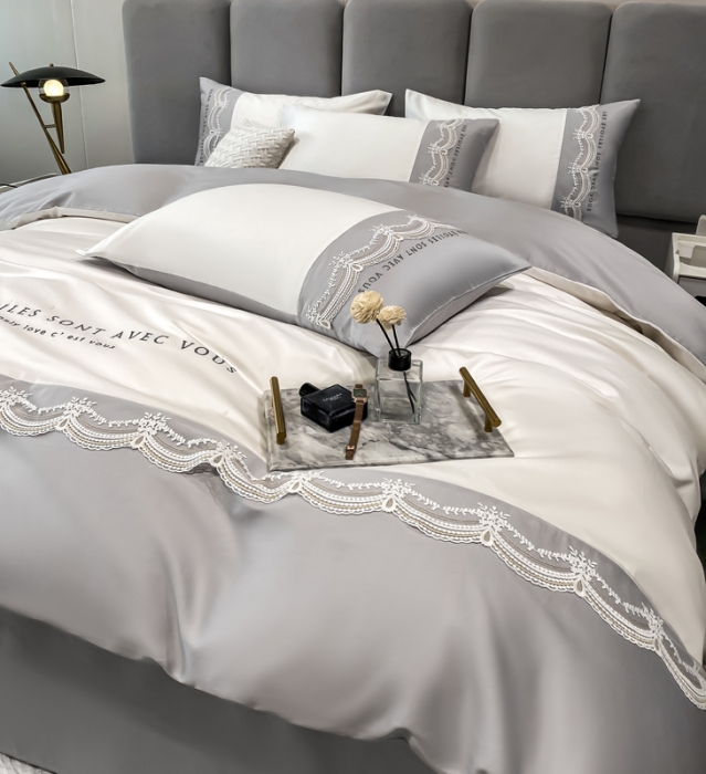 91家纺网 家纺一手货源 找家纺 安妮 2022新款全棉刺绣蕾丝四件套 艾琳-浅灰
