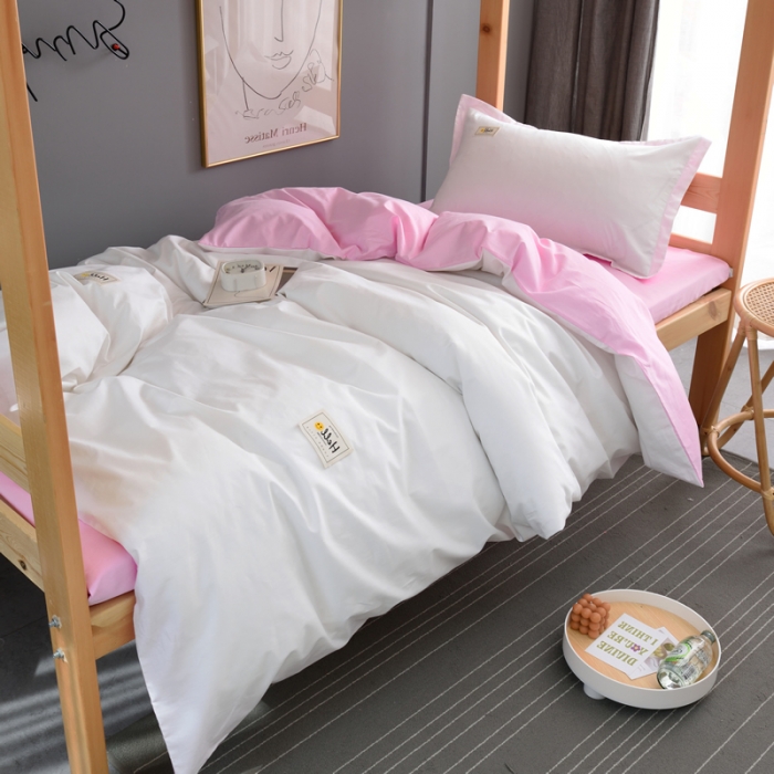 91家纺网 家纺一手货源 找家纺 晶缦 2022新款宿舍学生床全棉13372纯色三件套 本白粉
