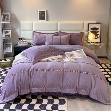 91家纺网 家纺一手货源 找家纺 嗯呢2023新款A类高克重提花刺绣工艺款牛奶绒四件套香芋紫