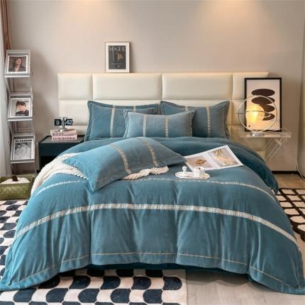 91家纺网 家纺一手货源 找家纺 嗯呢2023新款A类高克重提花刺绣工艺款牛奶绒四件套蓝灰