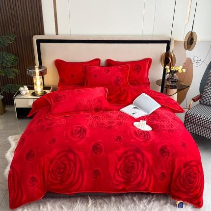 日产1万+直播供货8.5斤加厚牛奶绒金貂绒法莱绒四件套床裙款红色玫瑰