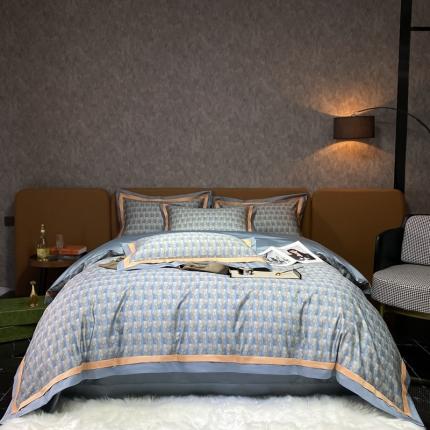 91家纺网 家纺一手货源 找家纺 7月100S数码美式复古风印花四件套三面边香奢-蓝