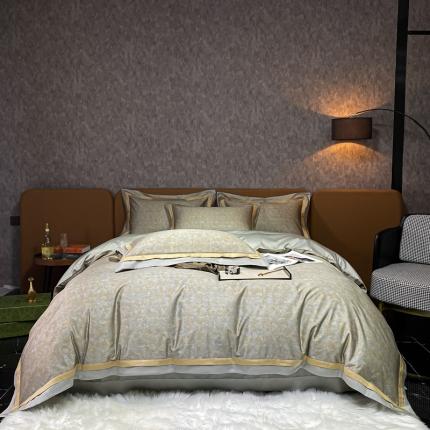 91家纺网 家纺一手货源 找家纺 7月100S数码美式复古风印花四件套三面边镶叶-黄