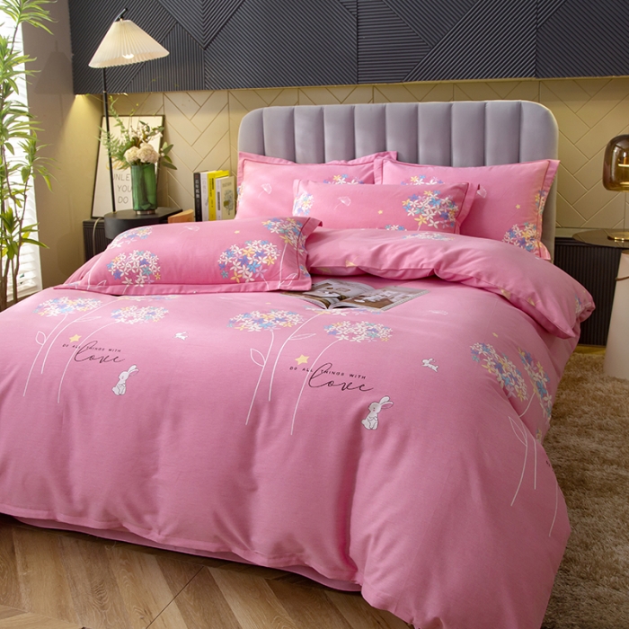 91家纺网 家纺一手货源 找家纺 简冠家纺 2022新款全棉加厚生态磨毛四件套 花园小兔-粉