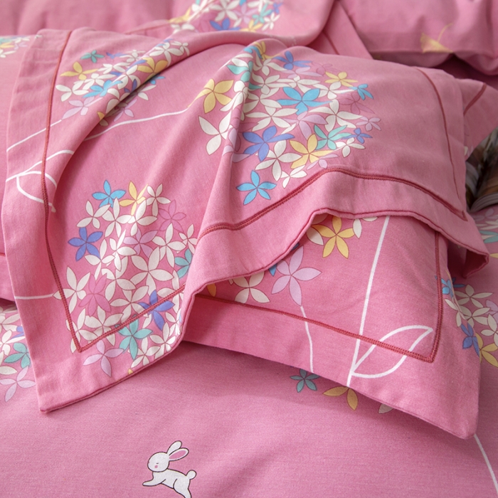 91家纺网 家纺一手货源 找家纺 简冠家纺 2022新款全棉加厚生态磨毛四件套 花园小兔-粉