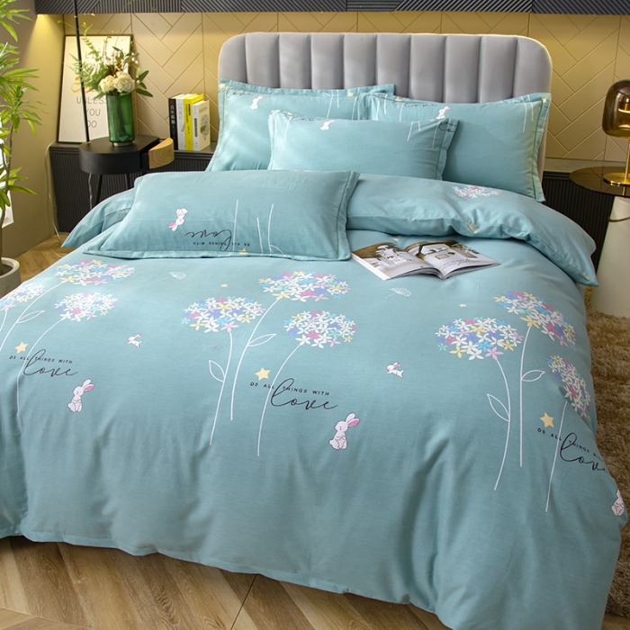 91家纺网 家纺一手货源 找家纺 简冠家纺 2022新款全棉加厚生态磨毛四件套 花园小兔-绿