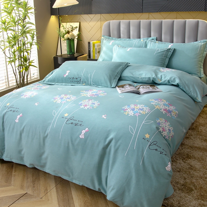 91家纺网 家纺一手货源 找家纺 简冠家纺 2022新款全棉加厚生态磨毛四件套 花园小兔-绿