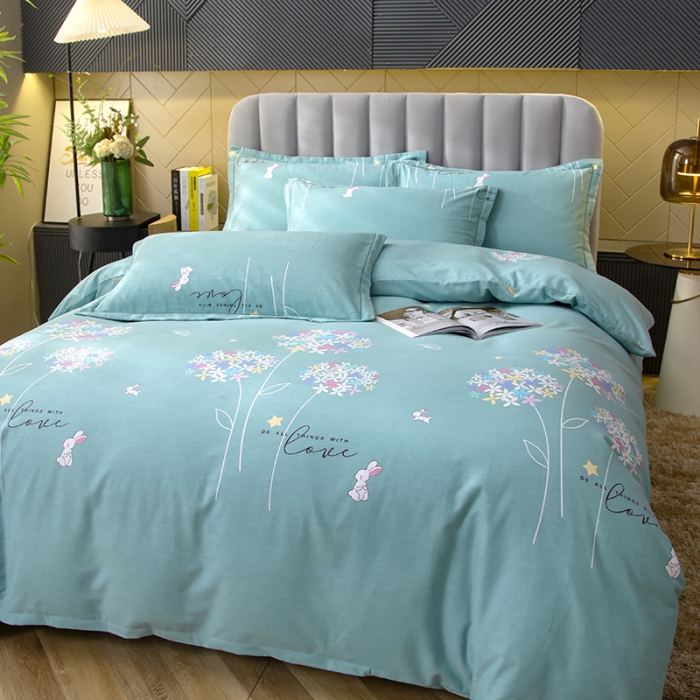 91家纺网 家纺一手货源 找家纺 简冠家纺 2022新款全棉加厚生态磨毛四件套 花园小兔-绿