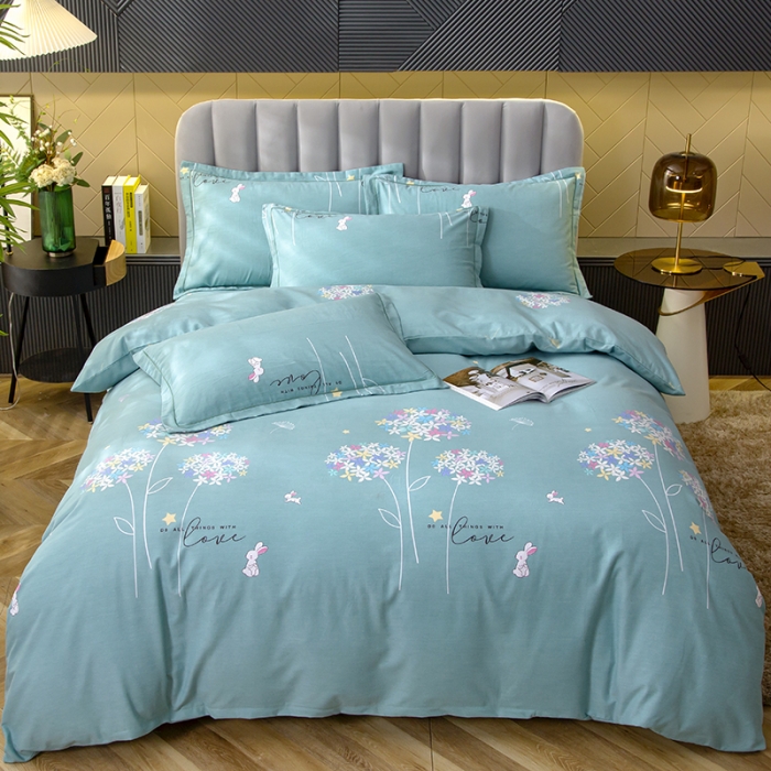 91家纺网 家纺一手货源 找家纺 简冠家纺 2022新款全棉加厚生态磨毛四件套 花园小兔-绿