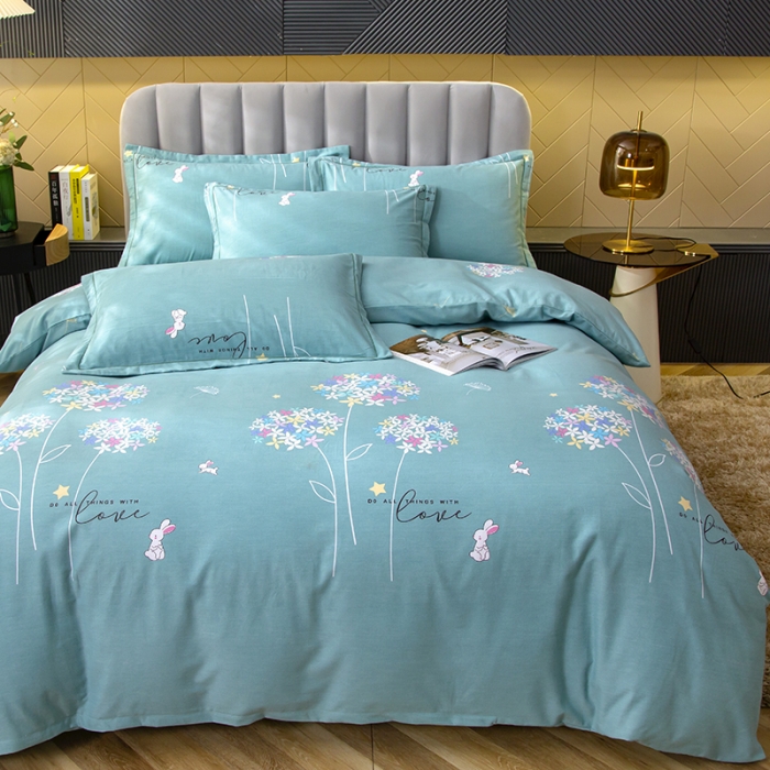 91家纺网 家纺一手货源 找家纺 简冠家纺 2022新款全棉加厚生态磨毛四件套 花园小兔-绿