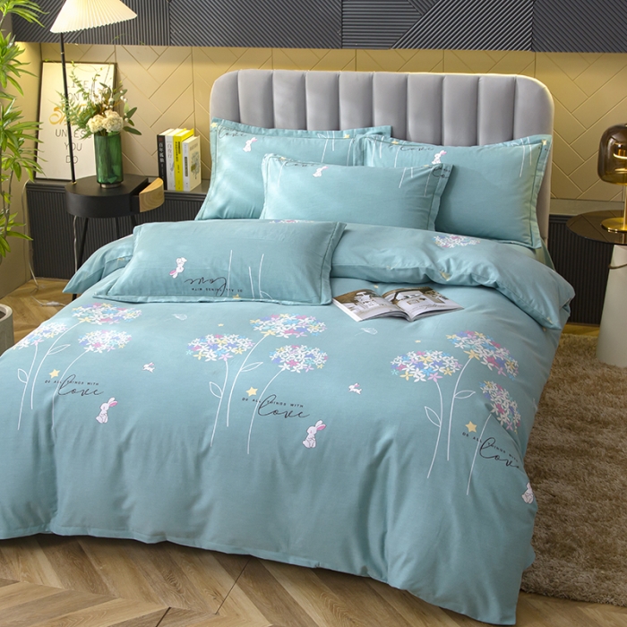 91家纺网 家纺一手货源 找家纺 简冠家纺 2022新款全棉加厚生态磨毛四件套 花园小兔-绿