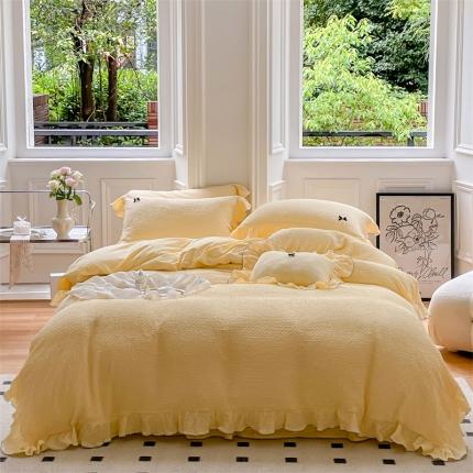 91家纺网 家纺一手货源 找家纺 婳庭家居 2023新款雪山系列全棉泡泡纱四件套 雪山-柠檬黄