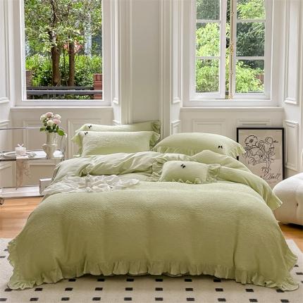 91家纺网 家纺一手货源 找家纺 婳庭家居 2023新款雪山系列全棉泡泡纱四件套 雪山-苹果绿