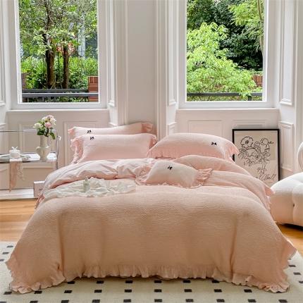 91家纺网 家纺一手货源 找家纺 婳庭家居 2023新款雪山系列全棉泡泡纱四件套 雪山-香草粉