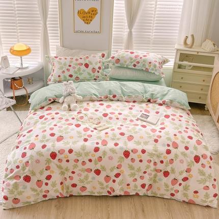 91家纺网 家纺一手货源 找家纺 乐童新款全棉网红直播爆款吊边一字绣工艺款四件套（二）草莓圣代