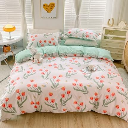 乐童全棉网红直播爆款吊边一字绣工艺款四件套（二）花园小兔-米