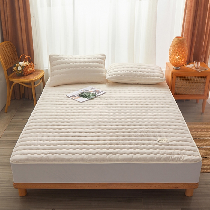 91家纺网 家纺一手货源 找家纺 芬晴 2023新款A类全棉母婴级抗菌防螨夹棉床笠 波浪-米白