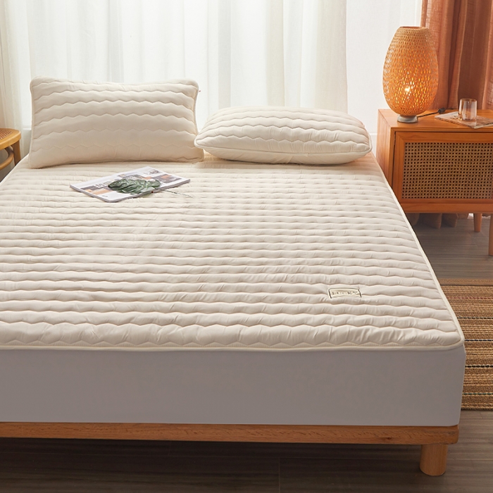 91家纺网 家纺一手货源 找家纺 芬晴 2023新款A类全棉母婴级抗菌防螨夹棉床笠 波浪-米白