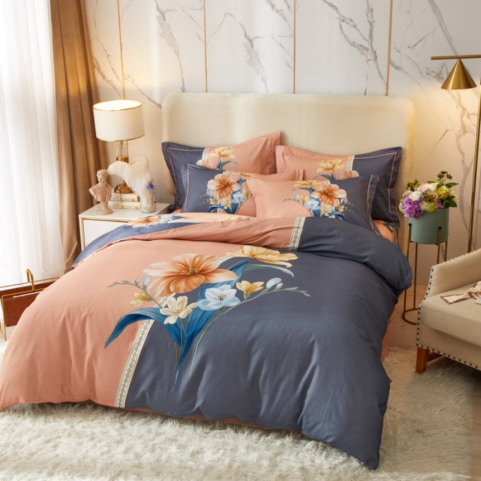 91家纺网 家纺一手货源 找家纺 金纱玉纺2022新款全棉生态大版磨毛四件套 花好月圆-粉