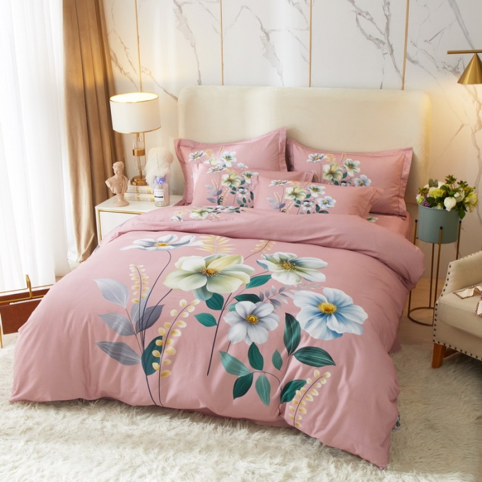 91家纺网 家纺一手货源 找家纺 金纱玉纺2022新款全棉生态大版磨毛四件套 花语情缘-粉