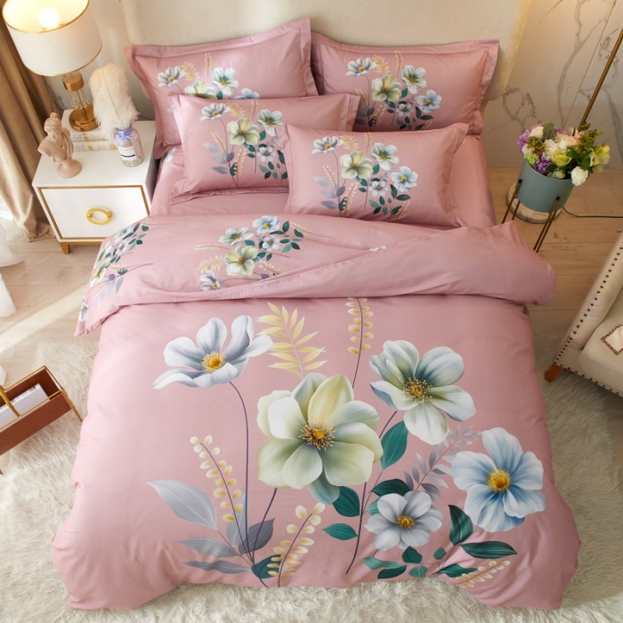 91家纺网 家纺一手货源 找家纺 金纱玉纺2022新款全棉生态大版磨毛四件套 花语情缘-粉