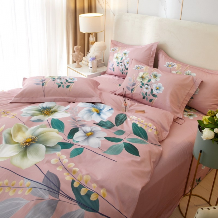 91家纺网 家纺一手货源 找家纺 金纱玉纺2022新款全棉生态大版磨毛四件套 花语情缘-粉