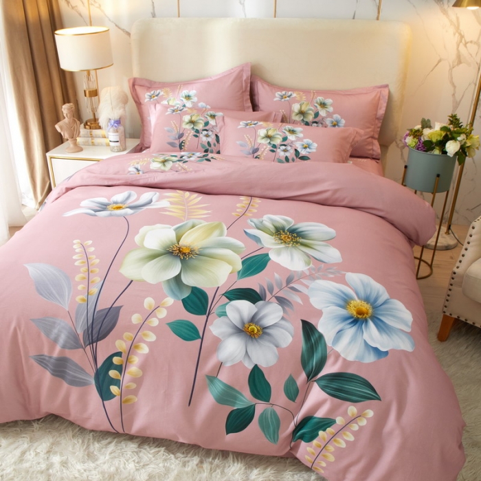 91家纺网 家纺一手货源 找家纺 金纱玉纺2022新款全棉生态大版磨毛四件套 花语情缘-粉