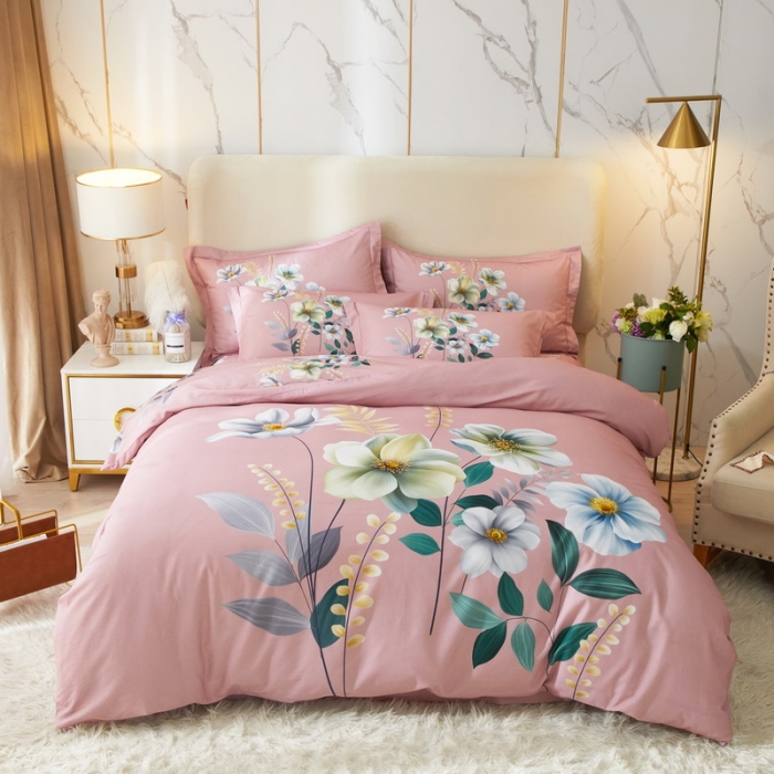 91家纺网 家纺一手货源 找家纺 金纱玉纺2022新款全棉生态大版磨毛四件套 花语情缘-粉