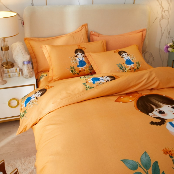 91家纺网 家纺一手货源 找家纺 金纱玉纺2022新款全棉生态大版磨毛四件套 田丫丫-桔