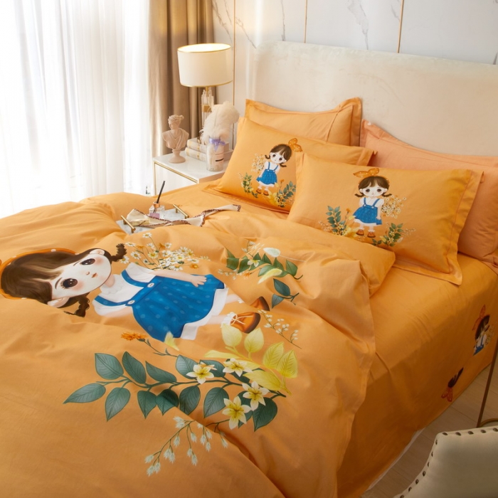 91家纺网 家纺一手货源 找家纺 金纱玉纺2022新款全棉生态大版磨毛四件套 田丫丫-桔